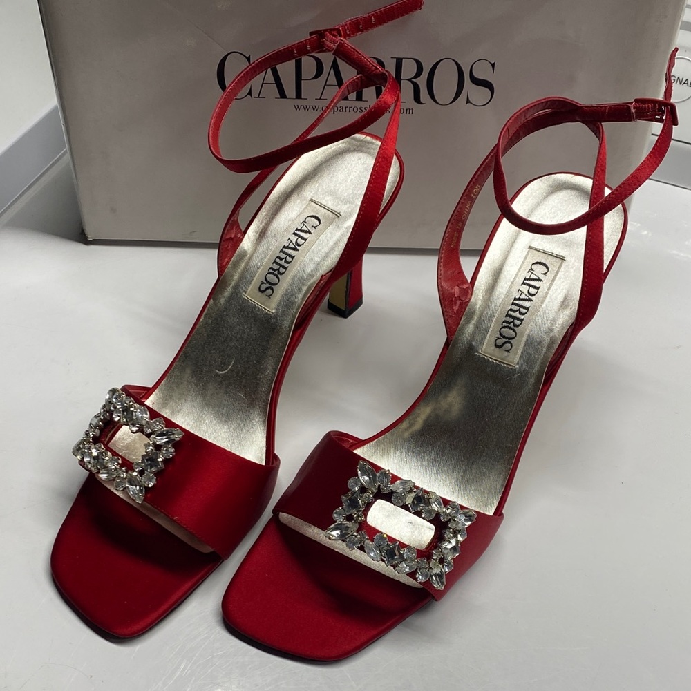 Stunning! Caparros Scarlet Satin Heels with Crystal Buckle